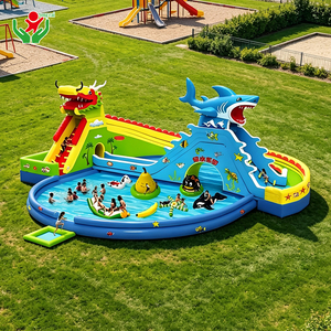 Tobogán Acuático Inflable Gigante con Diseño de Dragón y Tiburón, Doble Carril, PVC Grueso, con <span class=keywords><strong>Piscina</strong></span> Grande para Parques Acuáticos al Aire Libre - Product Image 1