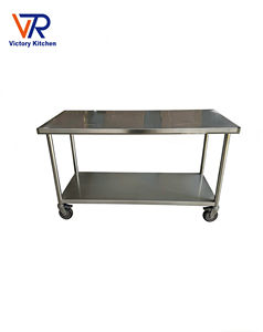 VICTORY KITCHEN 201 0.8mm Stainless Steel Movable 2-layer Condiment Bar 300KG Capacity Model for Kitchen <b>Work</b> <b>Table</b> with Wheels - Product Image 1