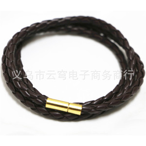 Bracelet enroulé en cuir tressé avec fermoir doré, bijoux multicouches marron - Product Image 1