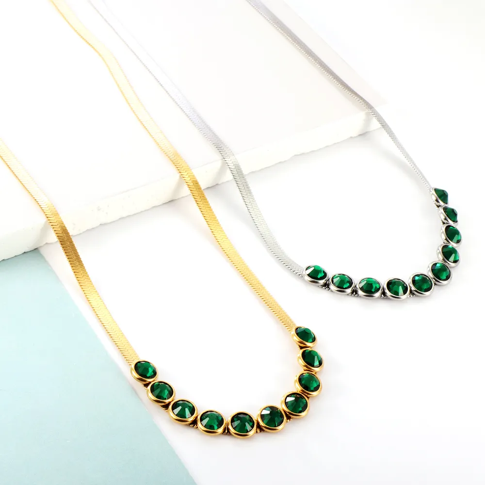 Luxury Green Zircon Snake Bone Chain Stainless Steel 18K Gold Plated Pendant Necklace Gift For Unisex