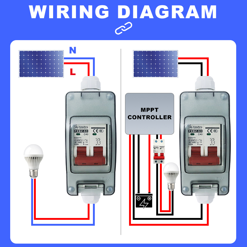 Vaneaims IP65 DC500V 1in 1out 16/20/32/40/50/63A Solar Panel Circuit Breaker PA66 Junction Box 1sting Solar Disconnect MCB Type · image 4