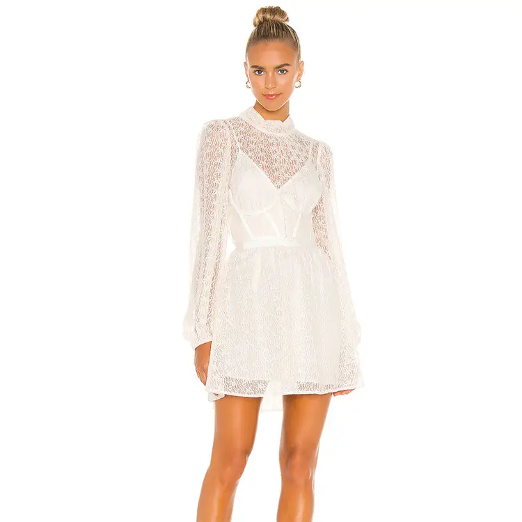 Hot sale long sleeve ladies lace dress backless hollow out white lace women dress