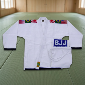 Kimono Blanco de BJJ con Parches de Bandera y Logotipo Azul de BJJ para Adultos, Unisex, Ropa de Artes Marciales de Algodón - Product Image 3