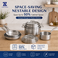 Batterie de cuisine en acier inoxydable Zhenneng, 11 pièces, triple couche, acier 304, comprenant 3 casseroles, 2 poêles et 1 casserole à lait, pour gaz et induction