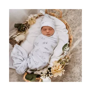 婴儿包裹套装针织襁褓有机棉定制名称婴儿毯襁褓套装带帽新生儿套装
