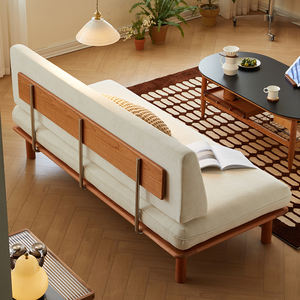 Sofá de madera maciza de estilo japonés sin brazos, doble, minimalista, tapizado en tela para salas de estar pequeñas y apartamentos. - Product Image 4