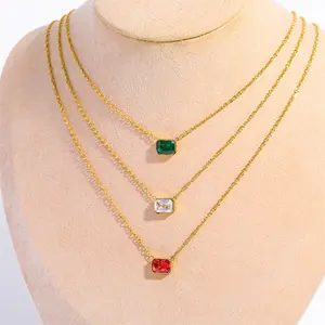 Minimal and Exquisite Colored Square Zircon Pendant Titanium Steel 18k Gold Necklace Collar Sweater Chain 2023 Women Jewelry