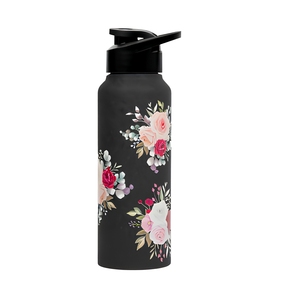 Bouteille d'eau en acier inoxydable avec motif floral, noire, réutilisable, anti-fuite, durable, en métal, pour la maison, le bureau, l'école - Product Image 1