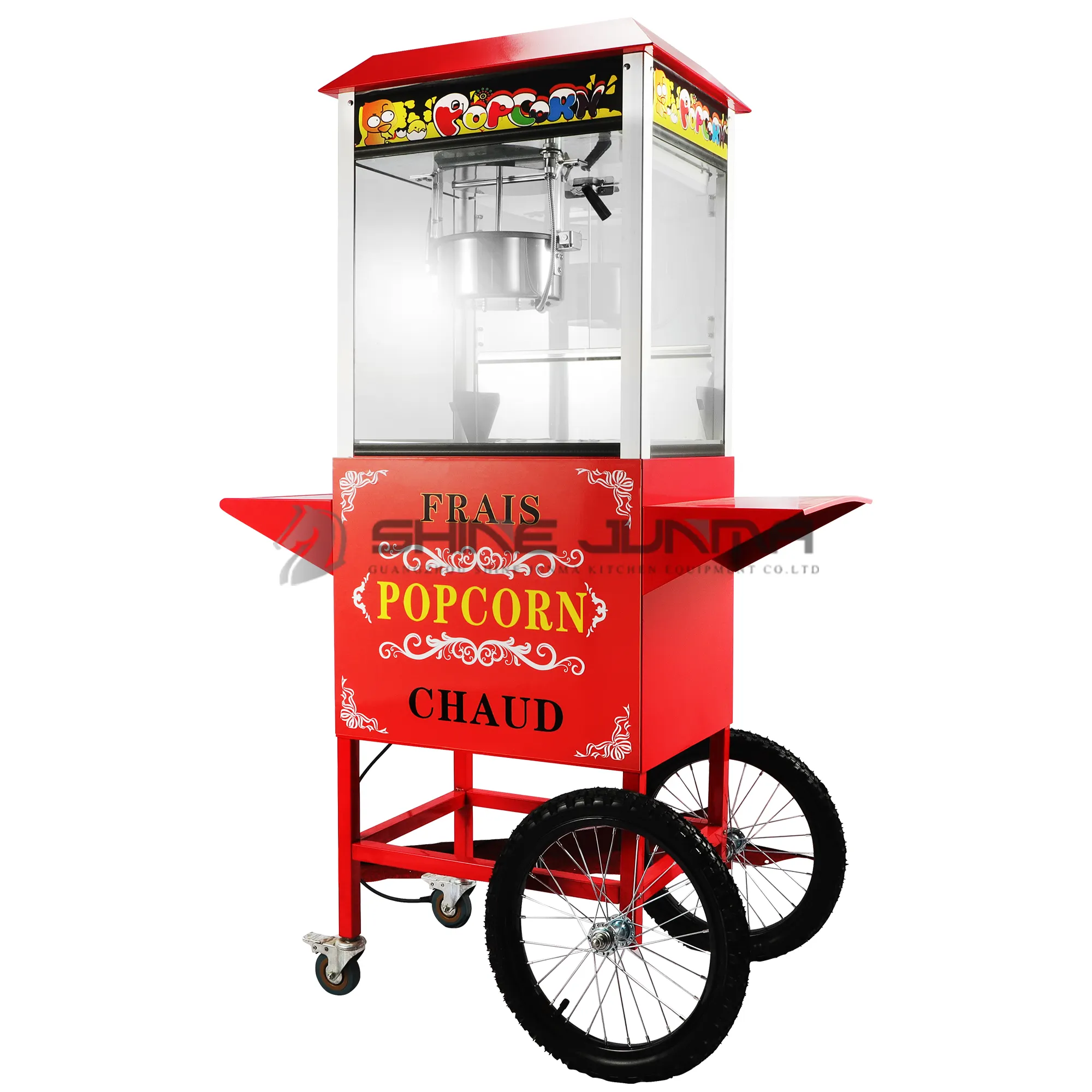 Автоматическая машина для приготовления попкорна Shine Junma, 10 унций, коммерческая электрическая машина для приготовления попкорна, миниатюрная машина для приготовления попкорна с тележкой