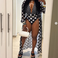 Ensemble deux pièces moulant en maille à pois pour femme, avec smock à manches longues et combinaison à décolleté plongeant