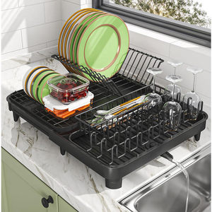Removable Self-Draining Cup Holder <b>Dish</b> and Bowl Black Drainer Metal Drying Storage Organizer Rack With Drainboard for Kitchen - Product Image 5