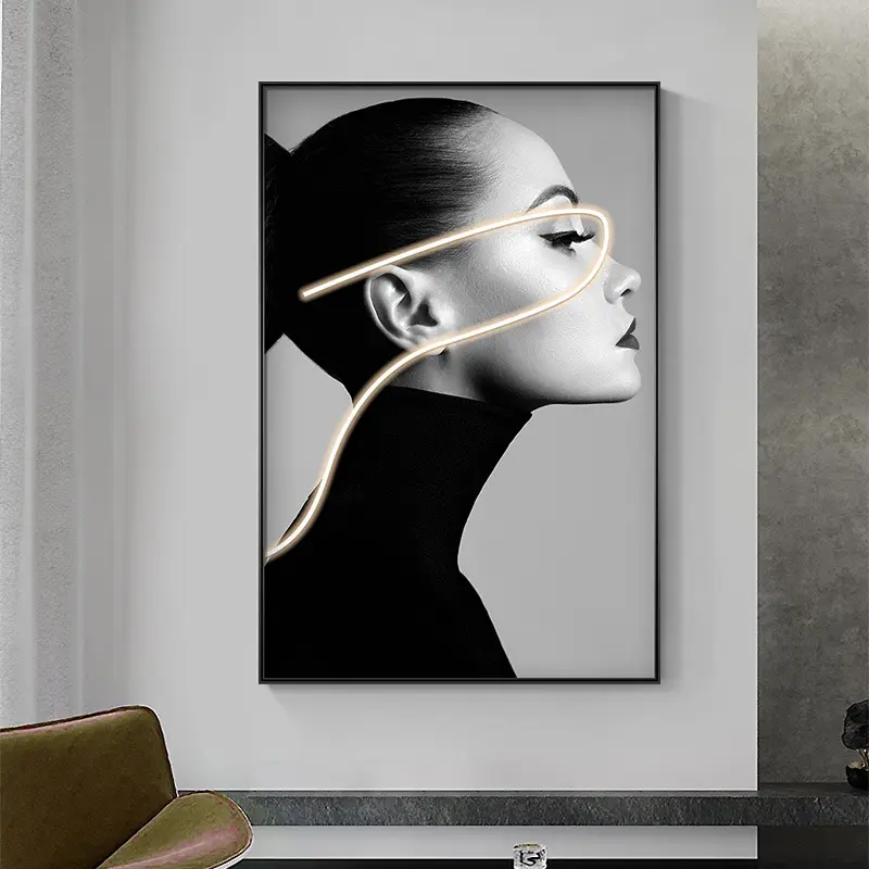 Pintura de iluminación decorativa de Hotel con lámpara, arte de pared, póster de retrato de luz, lienzo de mujer, pintura de luz LED 3D con marco