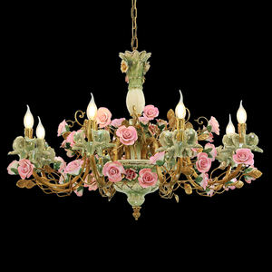 مصباح نحاسي فاخر على طراز الروكوكو من جويلريتوب، إضاءة معلقة بزهور خزفية خضراء، ثريا زخرفية فرنسية - Product Image 1