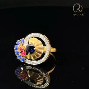 Elegant Gold Floral <b>Statement</b> <b>Ring</b> with Blue Pink Stones and Crystal Halo Designer Adjustable Finger <b>Ring</b> for Women - Product Image 1