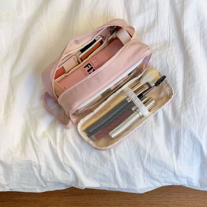 Rectangular Storage <strong>Bag</strong> with Mesh <strong>Compartments</strong> in Red, Black, and Pink, Large Capacity Portable Travel Women's <strong>Makeup</strong> <strong>Bag</strong> - Product Image 1