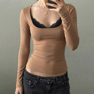 T-shirt à manches longues pour femmes, faux deux pièces, col carré, garniture en dentelle, coupe ajustée, haut court en tricot, décontracté, style Y2K, basique, streetwear - Product Image 5