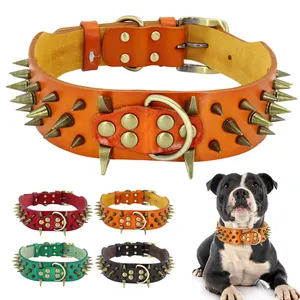 Spiked Studded Leather Dog Collars Wide Sharp Pitbull Big Dog Collar Adjustable For Medium Large Dogs Boxer Bulldog Red L XL