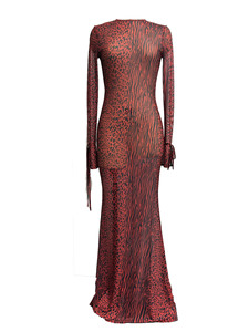 X5293 - Abito Elegante <span class=keywords><strong>da</strong></span> Festa per San Valentino, <span class=keywords><strong>Vestito</strong></span> <span class=keywords><strong>Lungo</strong></span> Rosso a Maniche Lunghe con Schiena Scoperta e Stampa Leopardata in Rete - Product Image 3