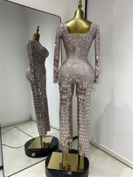 Combinaison sexy pour femmes, à manches longues, avec strass, pour club