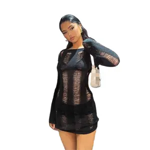 Kilig Hot Selling Trendy Distressed Sweater Sexy Backless Vintage Hollow Out Bodycon Long Sleeve Soft Mini Dress Women