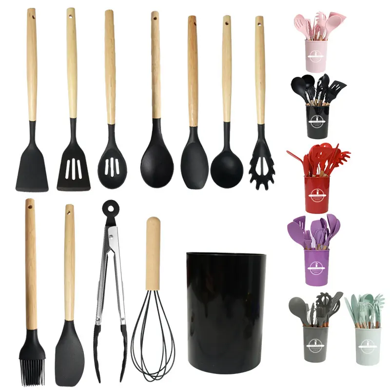 12 Pieces Set Utensílios De Cozinha Cozinha Silicone Cozinhar Madeira Handle Non-stick Pan Armazenamento Bucket Utensílios De Cozinha Sustentável