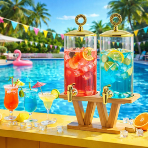 Set Dispenser Bevande Doppio in <span class=keywords><strong>Vetro</strong></span> <span class=keywords><strong>con</strong></span> Coperchi e Rubinetti Dorati, Supporto in Legno - Dispenser per Succhi e Bevande per Feste e Buffet (Vendita all'Ingrosso) - Product Image 5