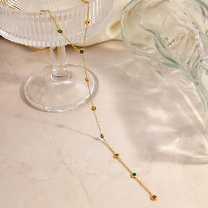 Stainless Steel Necklace With Colorful Rhinestones Y Shape Tassel <b>Extended</b> Length Minimalist Clavicle <b>Chain</b> Daily Wear - Product Image 4