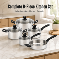Ensemble de 9 casseroles et poêles en acier inoxydable avec couvercles en verre, compatibles induction, gaz et vitrocéramique