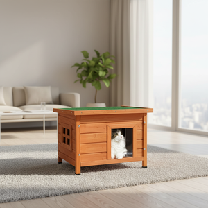 Maison pour chat moderne en <span class=keywords><strong>bois</strong></span> pour jardin, abri extérieur pour chaton avec toit ouvrant résistant à l'eau et fenêtre d'intimité - Product Image 3