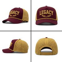 Gorra de Béisbol Bicolor Marrón y Dorado con Bordado 3D, Paneles Laterales Perforados y Transpirables, Decoración con Cuerda, para Hombre, Estilo Deportivo y Urbano