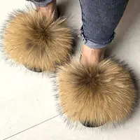 Real Racoon Fox Fur Slides for Women, Indoor Slippers