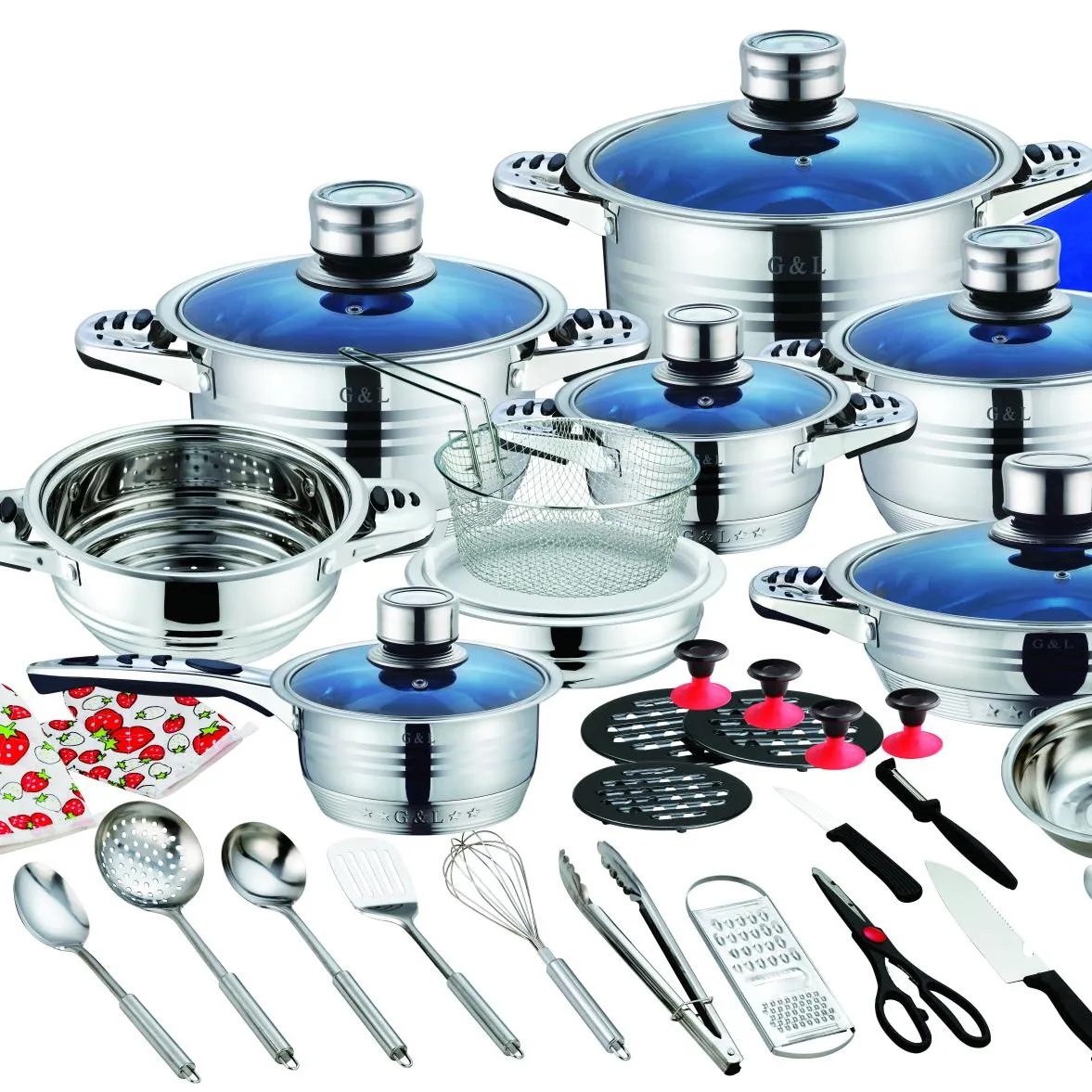 Venta caliente alemán 52PCS utensilios de cocina de acero inoxidable juegos de utensilios de cocina olla con termómetro tapa de vidrio azul