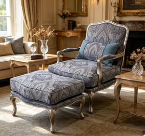 Luxury French Paisley Armchair & Ottoman Set, Upholstered Living Room Accent Chair with Silver <b>Frame</b> - Product Image 5