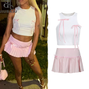2024 verano lindo blanco sin mangas Rosa lazo encaje <span class=keywords><strong>Mini</strong></span> <span class=keywords><strong>Falda</strong></span> plisada bastante lindo <span class=keywords><strong>mujeres</strong></span> 2 piezas conjunto de <span class=keywords><strong>falda</strong></span> - Product Image 1