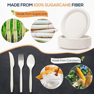 Compostable phân hủy sinh học mía bã mía Bộ đồ ăn dùng một lần cốc giấy tấm dao kéo đặt bữa ăn tối với khăn ăn cho bữa tiệc - Product Image 3