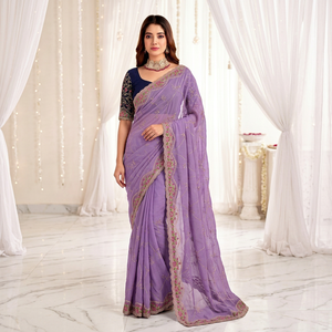 Sari de Georgette Sintético Bordado en Morado de AARA Fashion, Blusa Azul Marino, para Bodas y Ocasiones Especiales, Tradicional, Largo hasta el Suelo, Estilo Indio - Product Image 1