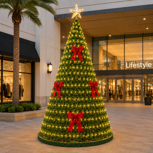 Árbol de Navidad LED Cónico Verde Clásico ODM OEM con Pequeños Lazos Rojos y Luces Blancas Cálidas para Tiendas Minoristas - Product Image 1