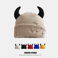 Chapeau en laine tricoté jacquard avec cornes de diable pour homme et femme, automne/hiver, Halloween, design unique déchiré, casquette cool hip-hop
