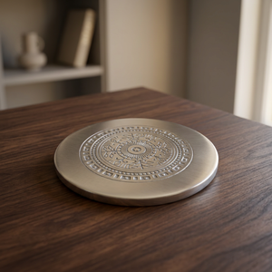 Classically Elegant Set of 4 Round Cast Metal Coasters with Glass Stone Aluminum <b>Mats</b> & Pads for Dining Table Home <b>Bar</b> - Product Image 2