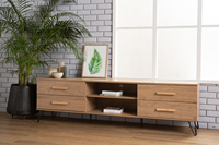 Mueble de TV SAMOS de Diseño Escandinavo Moderno, Resistente, de 1.8 m, Color Roble, Tablero Laminado Metálico, Compatible con Televisores de 65+ Pulgadas, para Sala de Estar