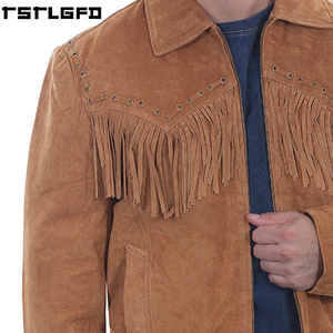 Oem Odm Western <b>Suede</b> Fringe <b>Jacket</b> <b>Men</b> Tan Leather Lace Yoke Windbreaker Streetwear Outerwear Manufacturers Bulk - Product Image 2