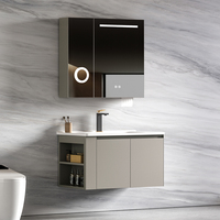 Miroir de salle de bain mural en aluminium avec vasque en céramique intégrée, LED intelligente tactile, anti-buée et rangement multifonctionnel