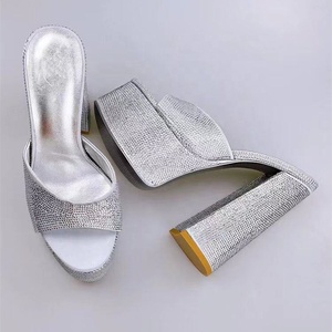 Silver Rhinestone Open Toe Block High Heel <b>Shoes</b> Slip-on Sandals Summer Thick Platform Heeled Slipper for Lady Size 43 - Product Image 4