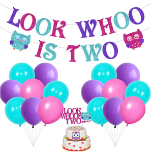 Décorations <span class=keywords><strong>de</strong></span> fête d'anniversaire 1ère et 2ème anniversaire sur le thème du Hibou : Bannières suspendues 'Whoo Is TWO', Guirlande <span class=keywords><strong>de</strong></span> drapeaux, Ballons en latex à l'hélium, Décorations pour cupcakes et gâteaux - Product Image 1