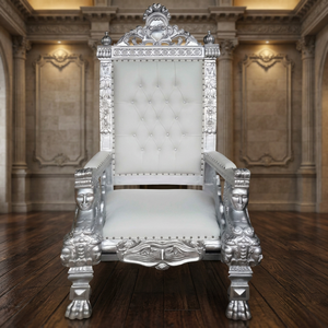 Fauteuil Trône Antique Français en Bois Massif d'Acajou, Revêtement en Cuir PU Blanc Argenté, Capitonnage, Dossier Haut, Style Européen, Taille Mini pour Salon - Product Image 3