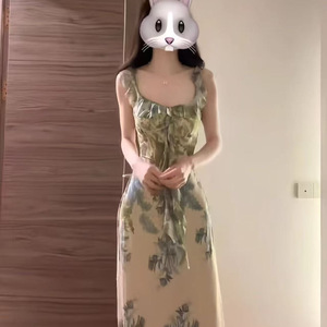 French Style Tie Dye Sundress Women Summer Beach Vacation Dress Fitted Waist Backless A Line Maxi <b>Skirt</b> Square Collar Printed - Product Image 5
