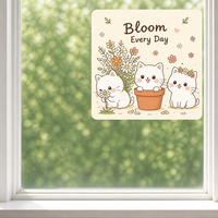 Autocollants personnalisés imperméables en PVC vinyle décoratifs, autocollants électrostatiques pour fenêtre, imprimés UV, motif chat kawaii et plante, pour verre et mur