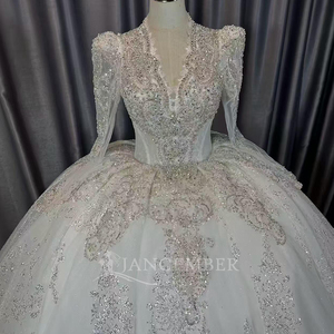 Lscm93 Luxury Ball Gown <b>Wedding</b> Dress Deep V Illusion Neck Crystal Beaded Long Sleeve Bridal Gown Glitter Jancember - Product Image 4