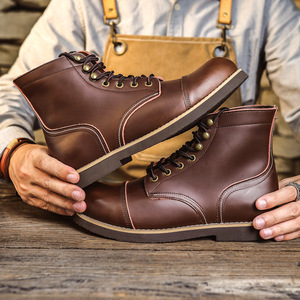 Botas de Motero Retro Americanas de Cuero Vacuno para Hombre, Botas de Trabajo Casuales de Caña Alta con Punta Redonda y Suela Gruesa, Calzado para Exteriores - Product Image 4