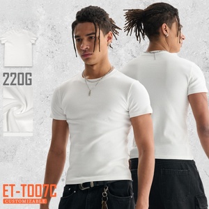 T-shirt da uomo slim fit a costine, girocollo, manica corta, in cotone 220g, bianco tinta unita, modello aderente, produzione all'ingrosso ODM OEM - Product Image 1